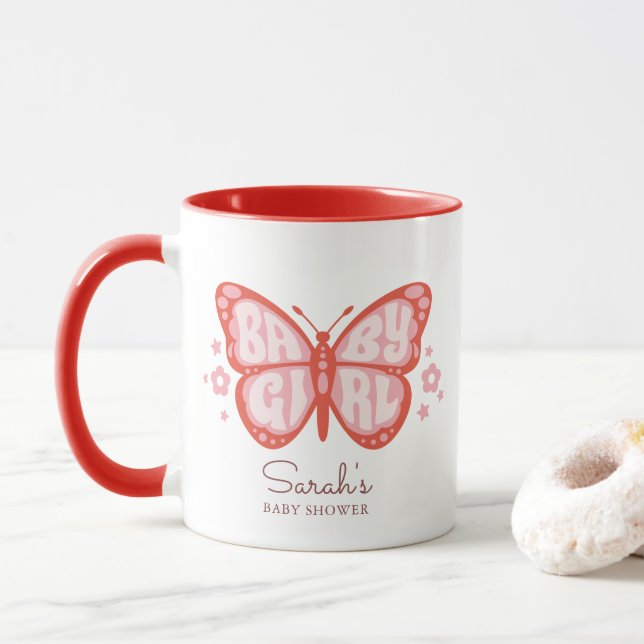 Baby Girl Pink Butterfly Baby Shower Invitation Mug (With Donut)