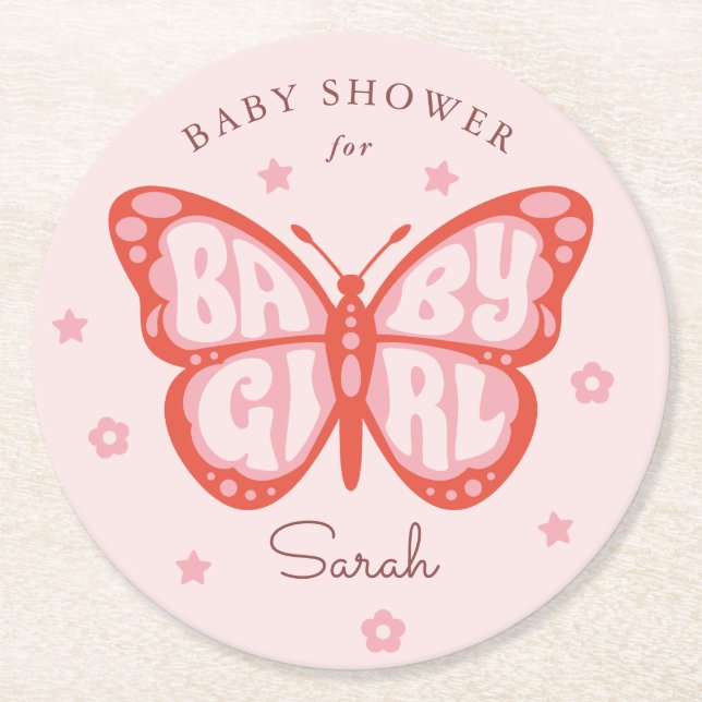Baby Girl Pink Butterfly Baby Shower Round Paper Coaster (Front)
