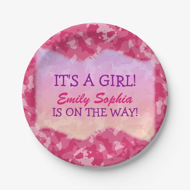 Baby Girl - Pink Camo Themed Baby Shower Paper Plate (Front)