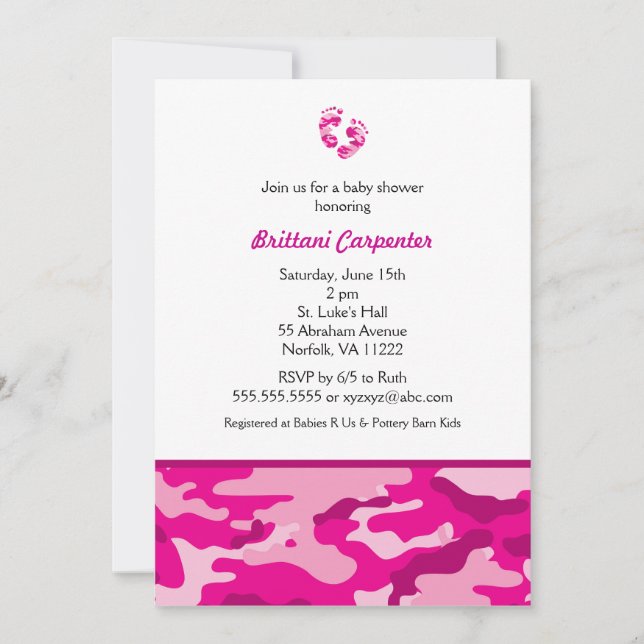 Baby Girl Pink Camouflage Shower Invites feet CAMO (Front)