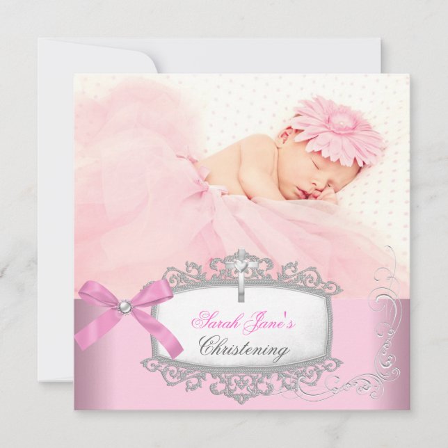 Baby Girl Pink Christening Baptism Cross White Announcement (Front)