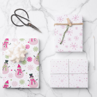Baby Girl Pink Christmas Snowmen and Snowflakes Wrapping Paper Sheet