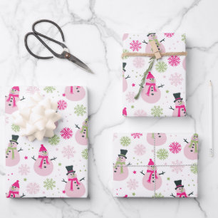 Baby Girl Pink Christmas Snowmen and Snowflakes Wrapping Paper Sheet