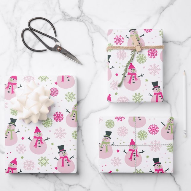 Baby Girl Pink Christmas Snowmen and Snowflakes Wrapping Paper Sheet (Front)