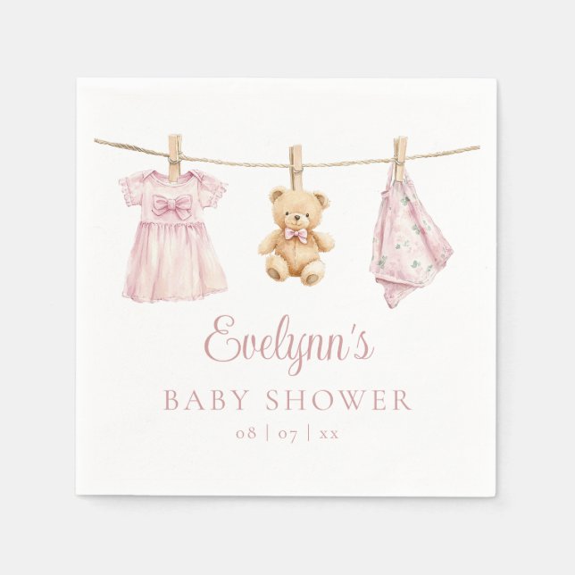 Baby Girl Pink Clothesline Baby Shower Napkin (Front)