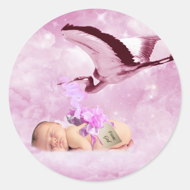 Baby girl pink clouds and stork classic round sticker (Front)