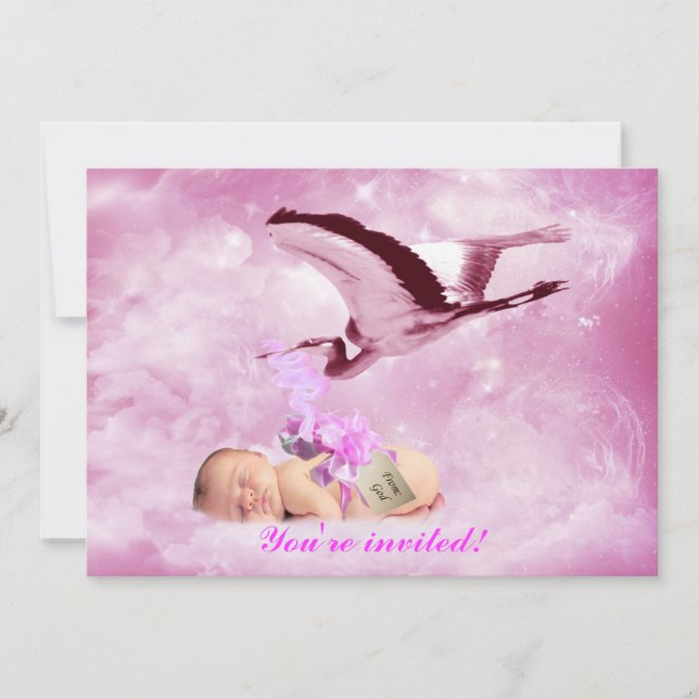 Baby girl pink clouds and stork shower invitation (Front)