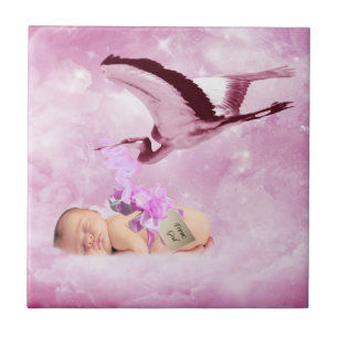 Baby girl pink clouds and stork tile