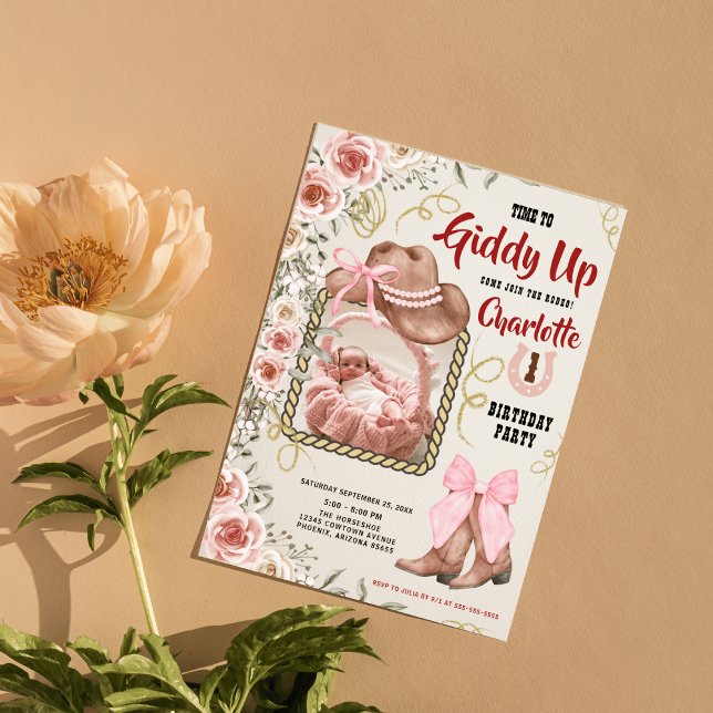 Baby Girl Pink Cowgirl Floral 1st Birthday photo  Invitation (Creator Uploaded)