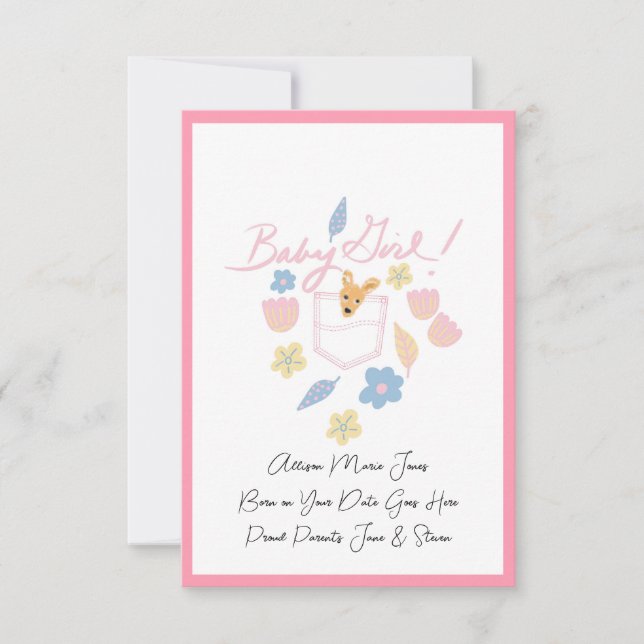 Baby Girl Pink Cute Kangaroo Birth Announcement (Front)
