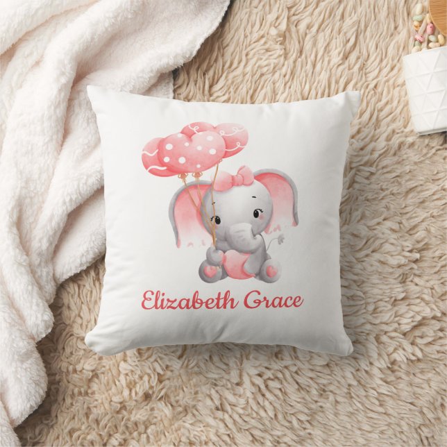 Baby Girl Pink Elephant Balloon Monogram Nursery Cushion (Blanket)