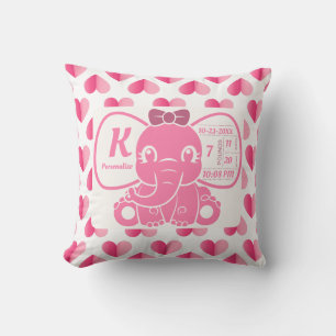 Baby Girl Pink Elephant Birth Stats Hearts Cushion