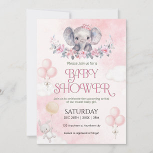 Baby Girl Pink Elephant Watercolor Baby Shower Invitation
