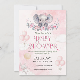 Baby Girl Pink Elephant Watercolor Baby Shower Invitation