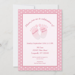 Baby Girl Pink Feet Polka Dot Baby Shower Invitation