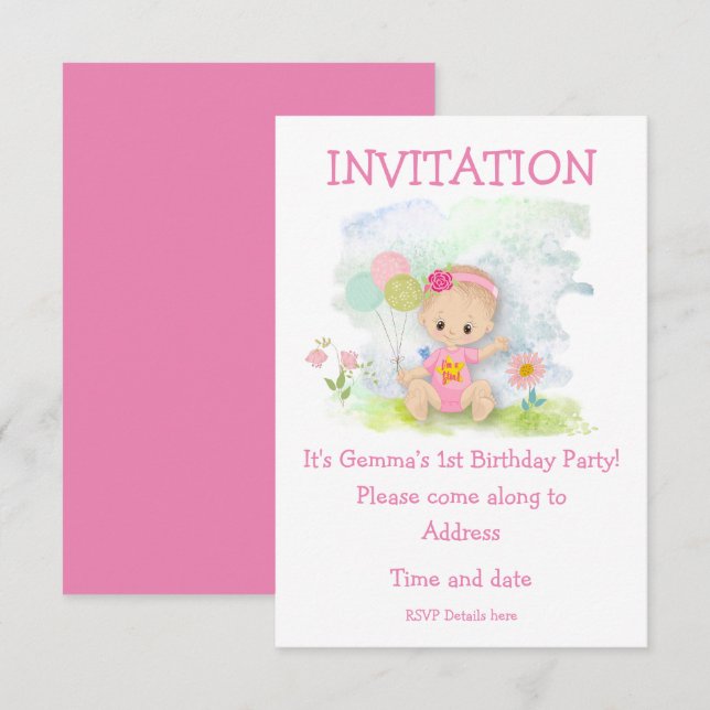 Baby Girl Pink First Birthday Party Invitation (Front/Back)