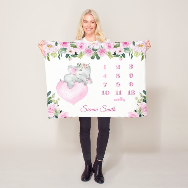 Baby Girl Pink Floral Baby Elephant Milestone Name Fleece Blanket (In Situ)