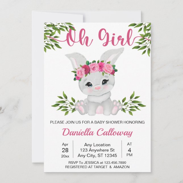 Baby Girl Pink Floral Bunny Baby Shower Invitation (Front)
