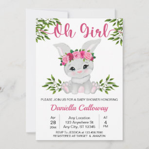 Baby Girl Pink Floral Bunny Baby Shower Invitation