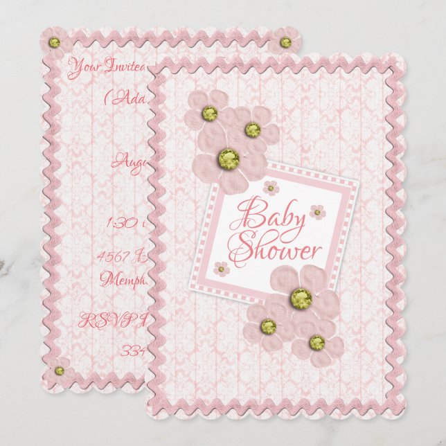 Baby Girl Pink Floral Damask Rick Rack Baby Shower Invitation (Front/Back)