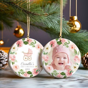 Baby Girl Pink Floral First Christmas Photo Ceramic Tree Decoration