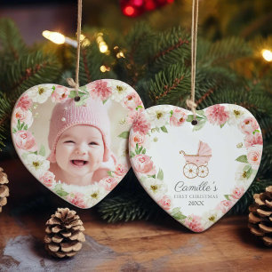 Baby Girl Pink Floral First Christmas Photo Ceramic Tree Decoration