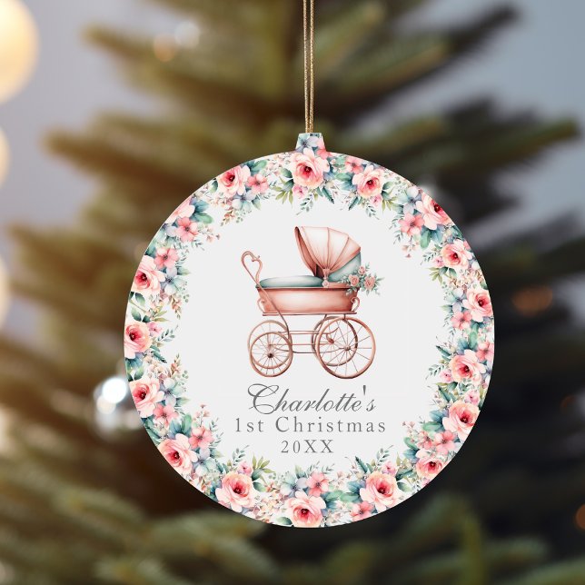 Baby Girl Pink Floral First Christmas Stroller Ceramic Tree Decoration (Baby Girl Pink Floral First Christmas Stroller Ceramic Ornament)