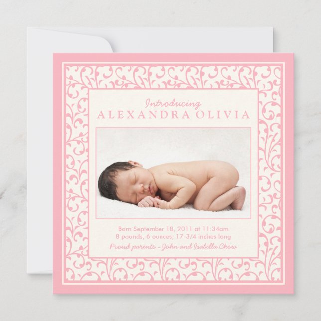 Baby Girl Pink Floral Photo Birth Announcement (Front)