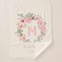Baby Girl Pink Floral Sage Green Leaves Monogram