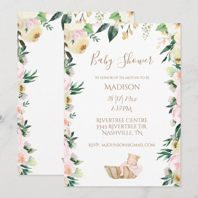 Baby Girl Pink Floral Script Elegant Baby Shower Invitation (Front/Back)