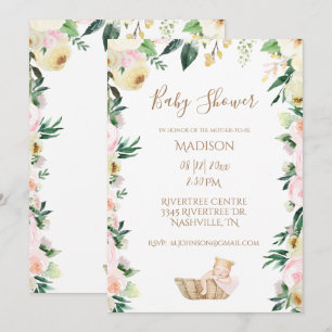 Baby Girl Pink Floral Script Elegant Baby Shower Invitation
