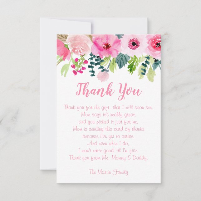 Baby Girl  Pink Floral Shower Thank You Card (Front)