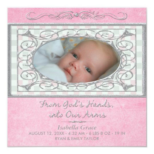Baby Girl Pink Gingham Christian Photo Birth Card