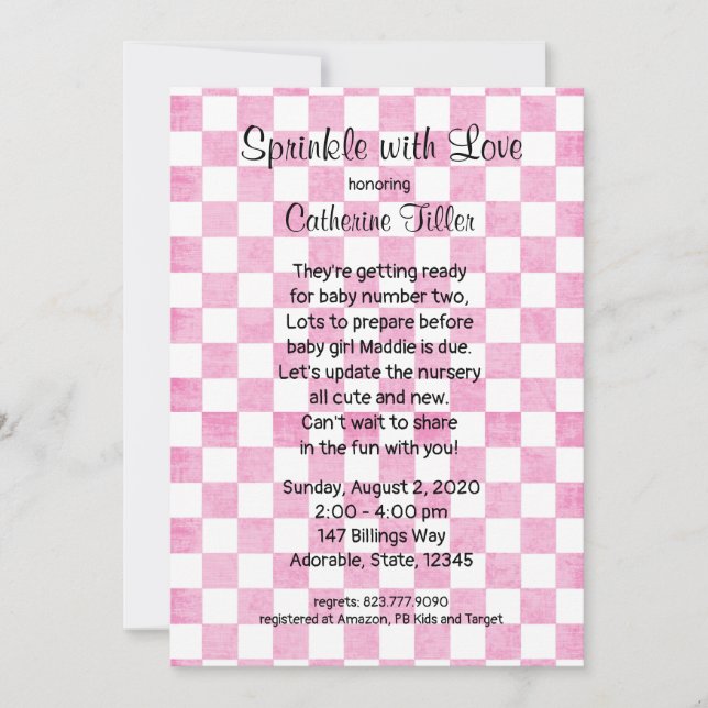 Baby Girl Pink Gingham Sprinkle Shower Invitation (Front)