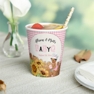 Baby Girl Pink Gingham Sunflowers Baby Q BBQ Paper Paper Cups