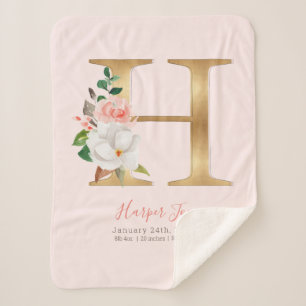 Baby Girl pink & gold birth stats - Letter H - Sherpa Blanket