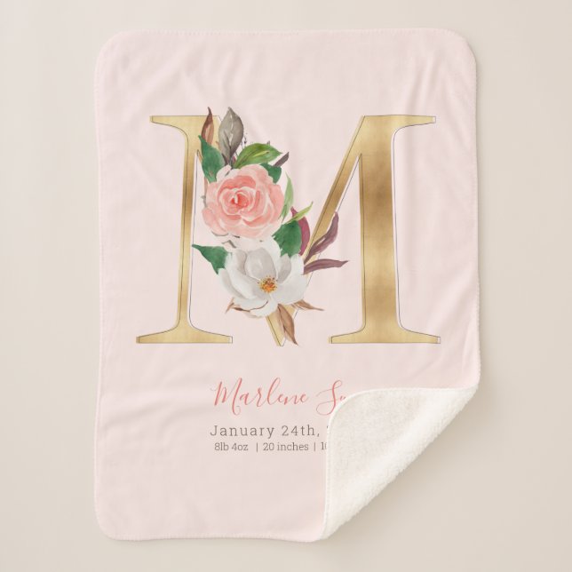 Baby Girl pink & gold birth stats - Letter M - Sherpa Blanket (Front)