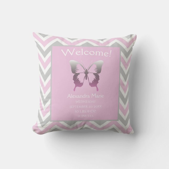 Baby Girl Pink Grey Chevron Butterfly Keepsake Cushion (Front)