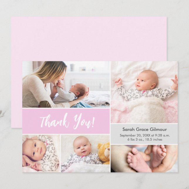 Baby girl Pink Grey Custom photo collage Thank You Card (Front/Back)