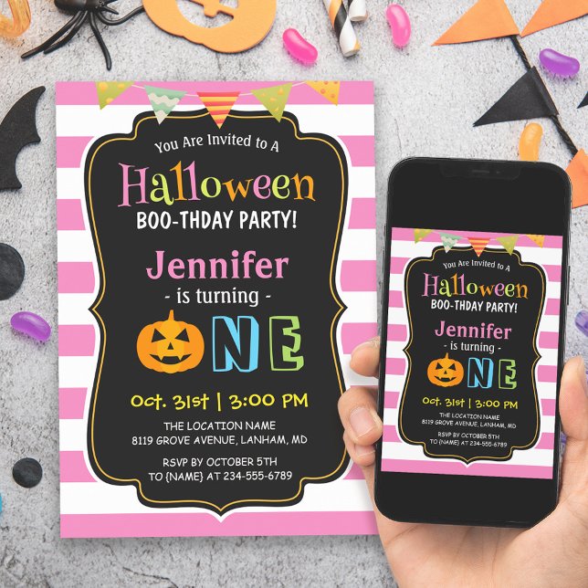 Baby Girl Pink Halloween First Birthday Party Invitation (Perfect for parents who want to throw a memorable and fun-filled Halloween-themed birthday party.)