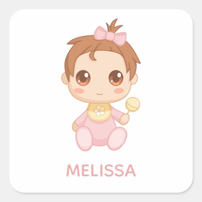 Baby Girl Pink Jumpsuit Custom Name Square Sticker (Front)