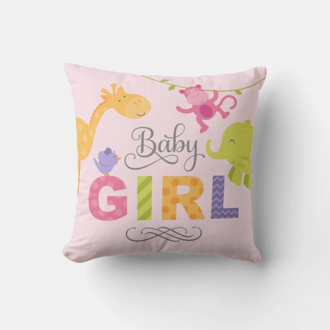Baby Girl | Pink Jungle Animals Cushion (Front)