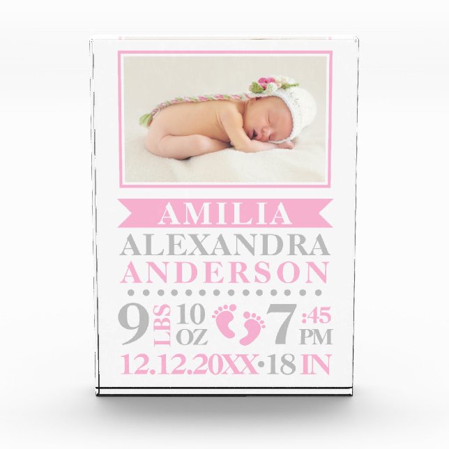 BABY Girl Pink Keepsake Name Birth Date PHOTO Block (Front)