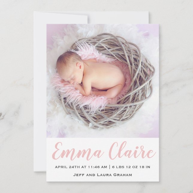 Baby Girl Pink Marble Photo Birth Announcement (Front)
