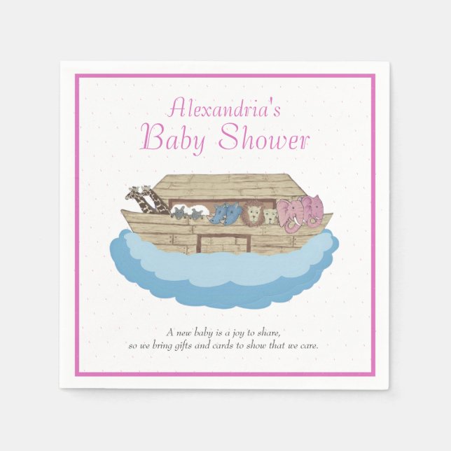 Baby Girl Pink Noah's Ark Baby Shower Invitation Napkin (Front)