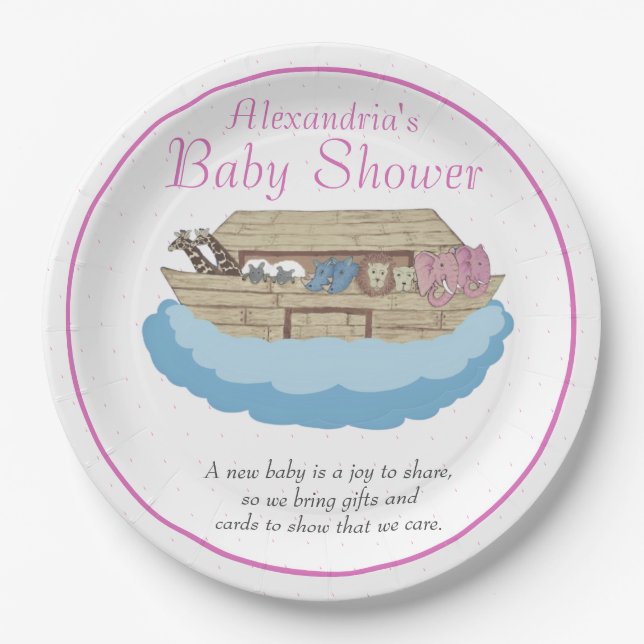 Baby Girl Pink Noah's Ark Baby Shower Invitation Paper Plate (Front)