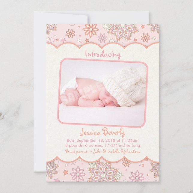 Baby Girl Pink Orange Photo Birth Announcement (Front)