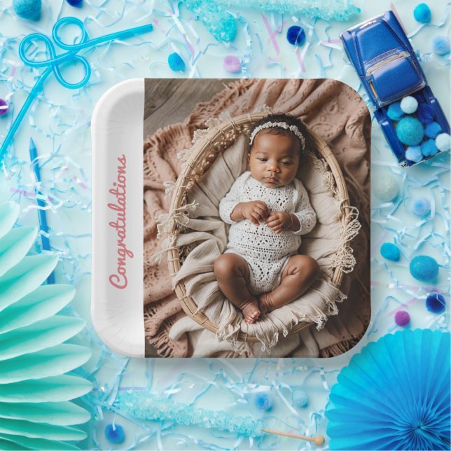 baby girl pink party photo congratulations paper plate (Party)