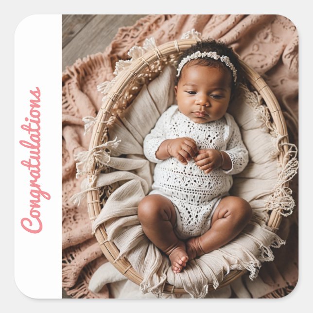 baby girl pink party photo congratulations square sticker (Front)