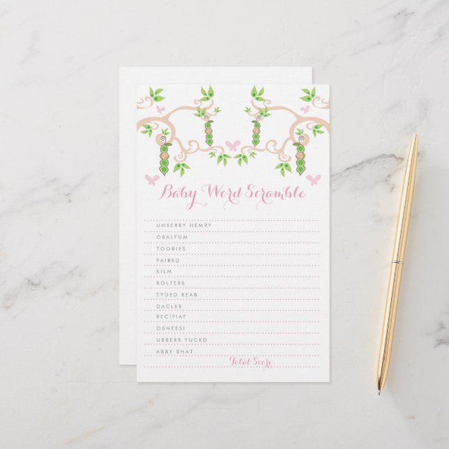 Baby Girl Pink Pea In A Pod Custom Word Scramble Stationery (Front/Back In Situ)